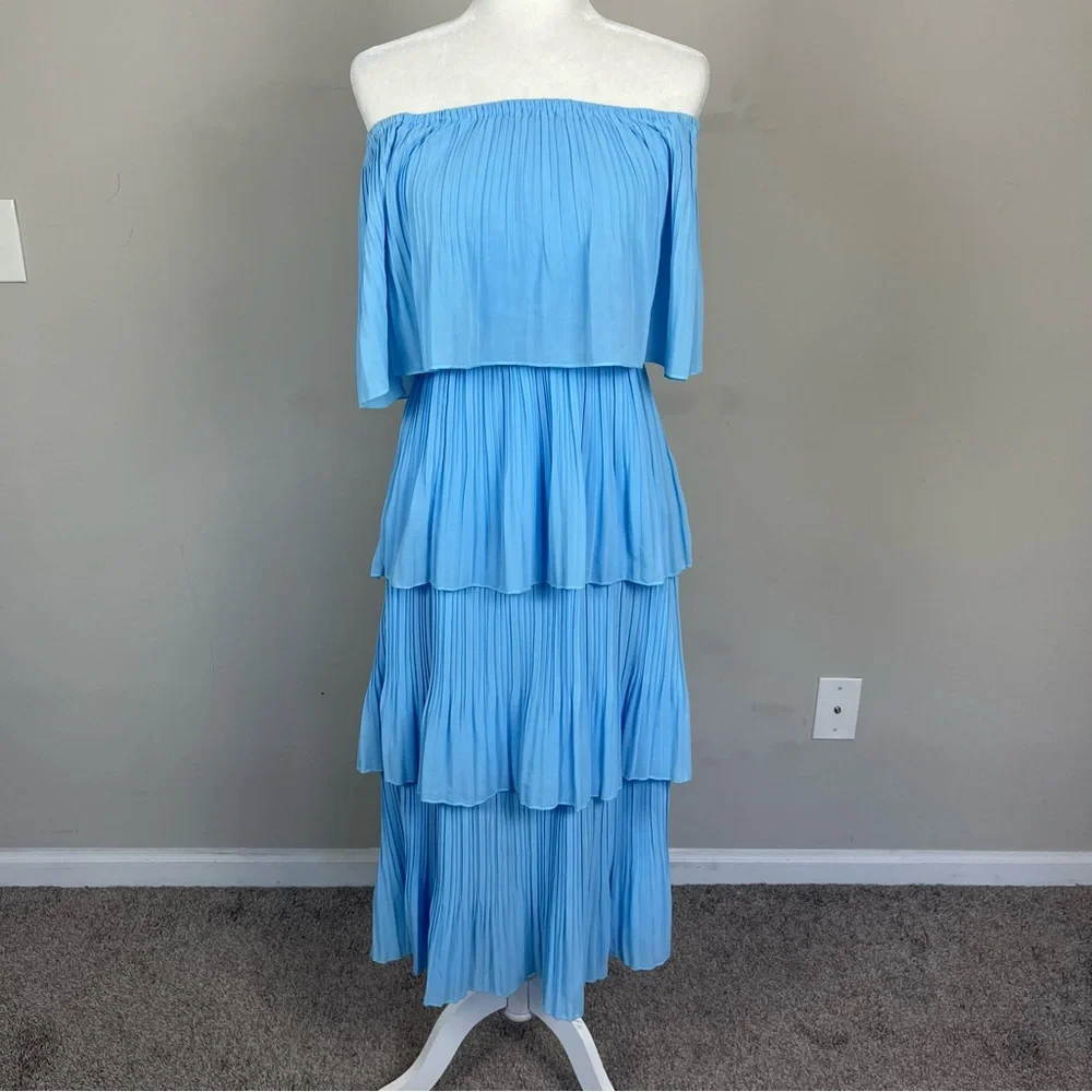 OFF THE SHOULDER TIERED PLEATED MIDI CHIFFON DRESS IN LIGHT BLUE SIZE MEDIUM - Picture 5 of 16